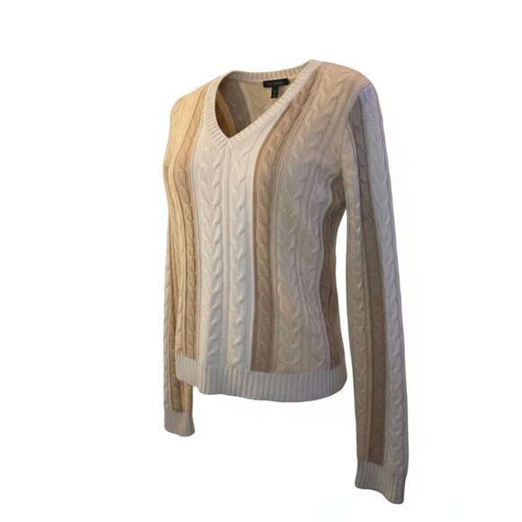 Neiman Marcus Exclusive 100% Cashmere Cable Knit Sweater Beige Tan Stripe V Neck - Picture 2 of 15